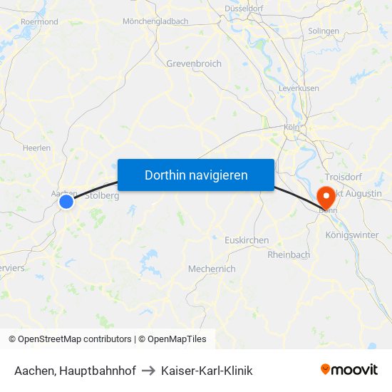 Aachen, Hauptbahnhof to Kaiser-Karl-Klinik map