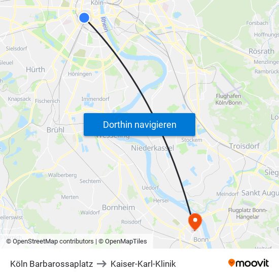 Köln Barbarossaplatz to Kaiser-Karl-Klinik map