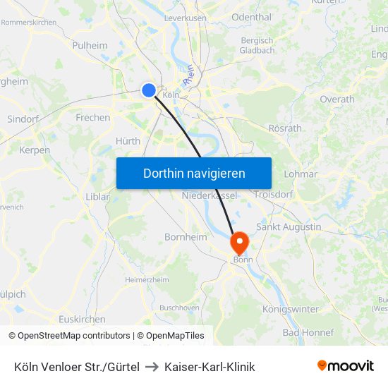 Köln Venloer Str./Gürtel to Kaiser-Karl-Klinik map