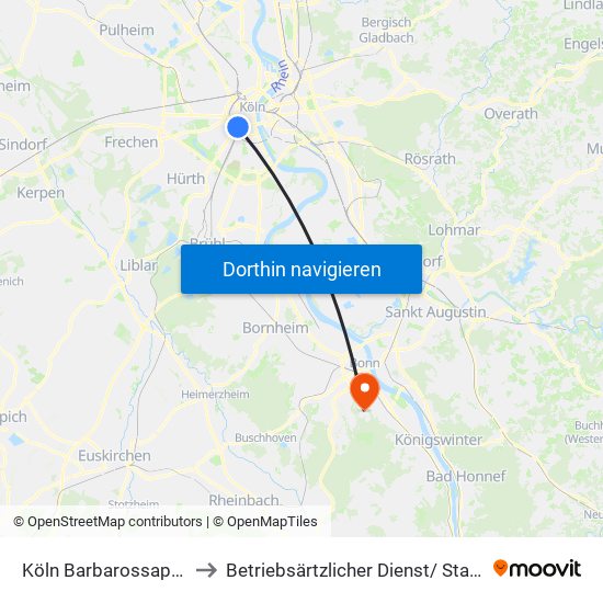 Köln Barbarossaplatz to Betriebsärtzlicher Dienst/ Stab Au map