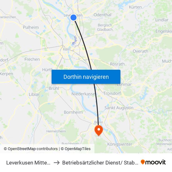 Leverkusen Mitte Bf to Betriebsärtzlicher Dienst/ Stab Au map