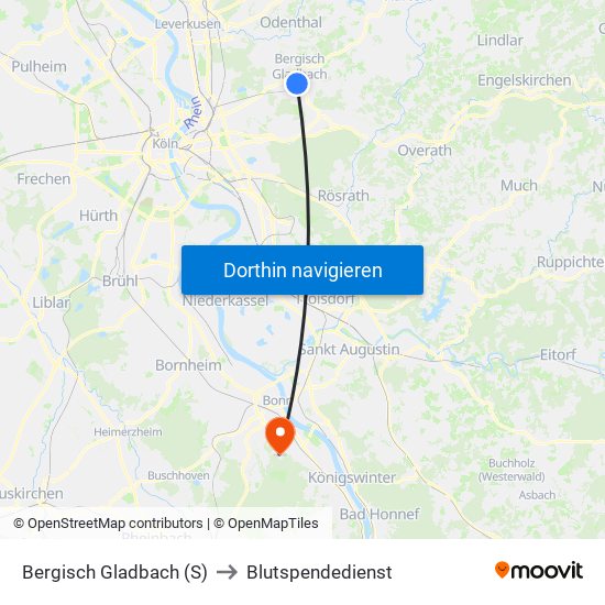 Bergisch Gladbach (S) to Blutspendedienst map