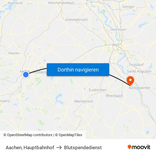 Aachen, Hauptbahnhof to Blutspendedienst map