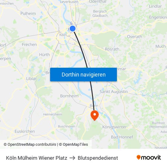 Köln Mülheim Wiener Platz to Blutspendedienst map