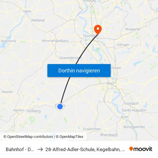 Bahnhof - Düren to 28-Alfred-Adler-Schule, Kegelbahn, Turnhalle map