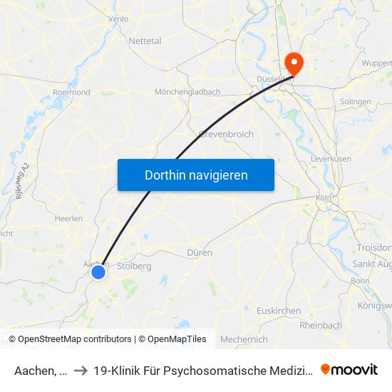 Aachen, Hauptbahnhof to 19-Klinik Für Psychosomatische Medizin Und Psychotherapie, Wirtschaftabteilung, Poststelle map