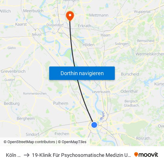 Köln Dom/Hbf to 19-Klinik Für Psychosomatische Medizin Und Psychotherapie, Wirtschaftabteilung, Poststelle map