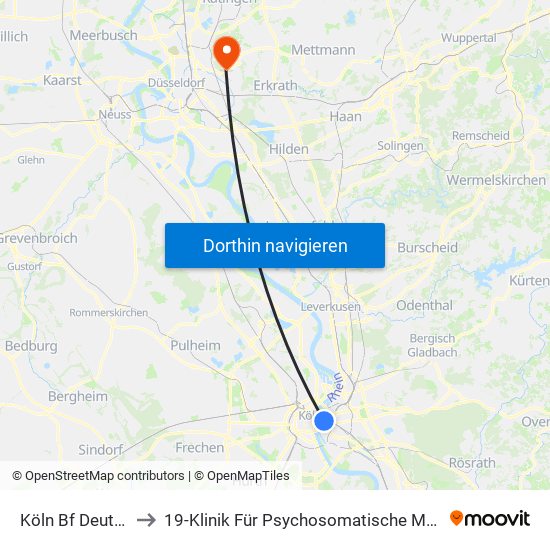 Köln Bf Deutz/Messe Lanxess Arena to 19-Klinik Für Psychosomatische Medizin Und Psychotherapie, Wirtschaftabteilung, Poststelle map