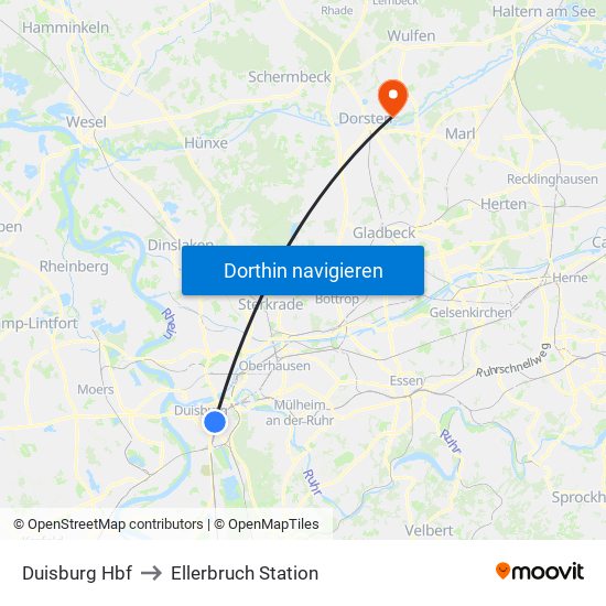 Duisburg Hbf to Ellerbruch Station map