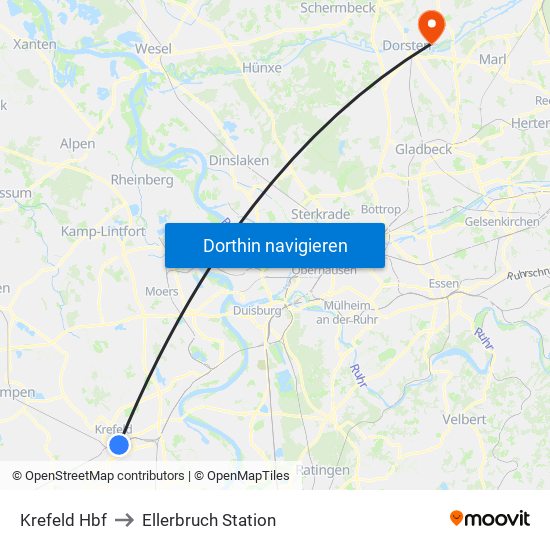 Krefeld Hbf to Ellerbruch Station map
