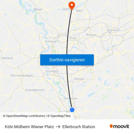 Köln Mülheim Wiener Platz to Ellerbruch Station map