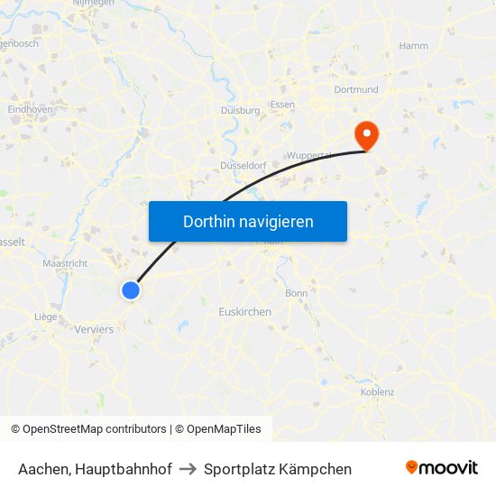 Aachen, Hauptbahnhof to Sportplatz Kämpchen map