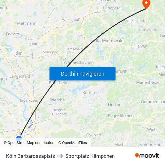 Köln Barbarossaplatz to Sportplatz Kämpchen map