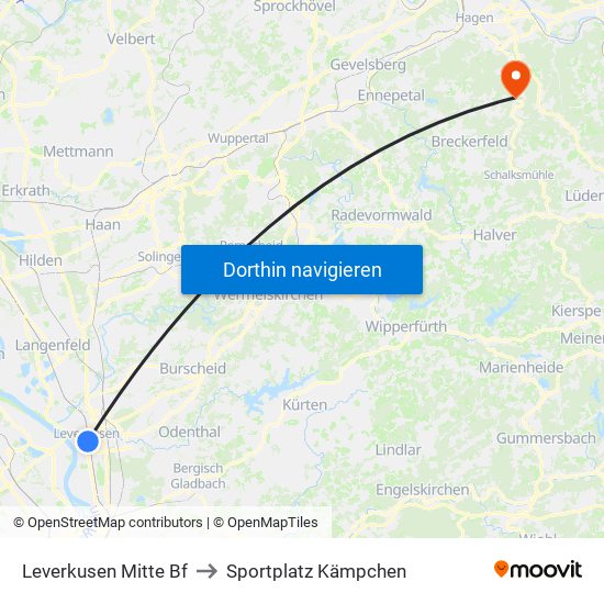 Leverkusen Mitte Bf to Sportplatz Kämpchen map