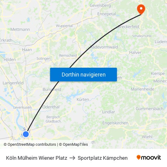 Köln Mülheim Wiener Platz to Sportplatz Kämpchen map