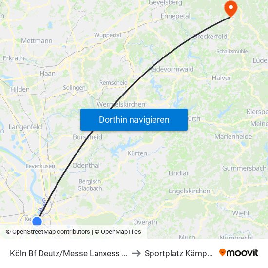 Köln Bf Deutz/Messe Lanxess Arena to Sportplatz Kämpchen map