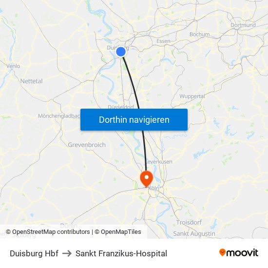 Duisburg Hbf to Sankt Franzikus-Hospital map