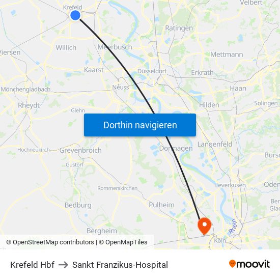 Krefeld Hbf to Sankt Franzikus-Hospital map