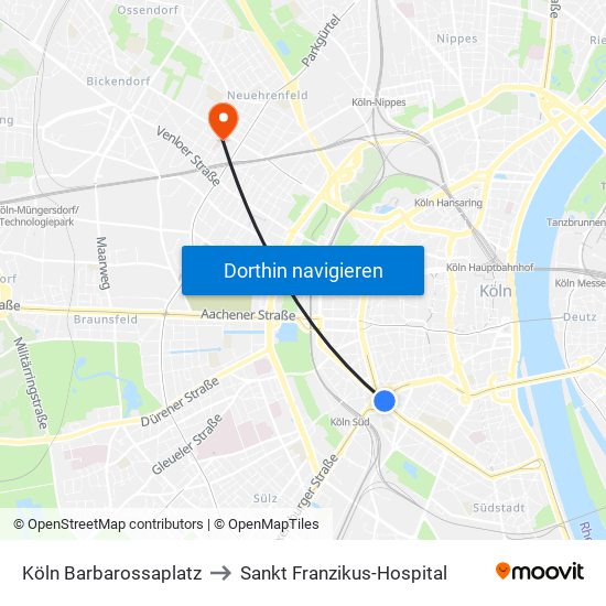 Köln Barbarossaplatz to Sankt Franzikus-Hospital map