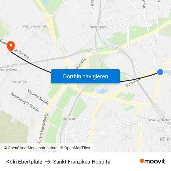 Köln Ebertplatz to Sankt Franzikus-Hospital map