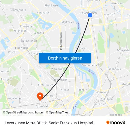 Leverkusen Mitte Bf to Sankt Franzikus-Hospital map
