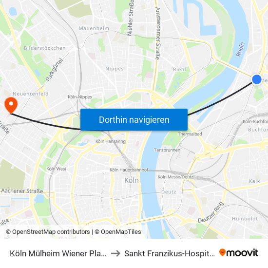 Köln Mülheim Wiener Platz to Sankt Franzikus-Hospital map