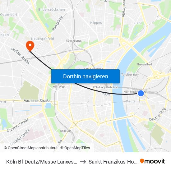 Köln Bf Deutz/Messe Lanxess Arena to Sankt Franzikus-Hospital map