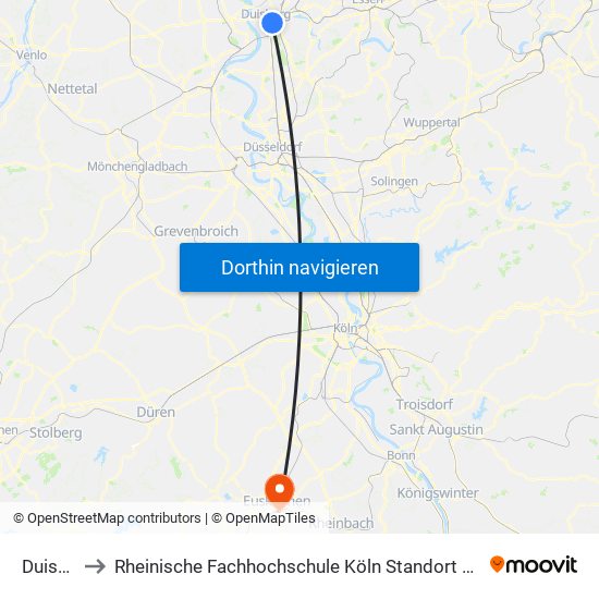 Duisburg Hbf to Rheinische Fachhochschule Köln Standort Euskirchen Studiengang Wirtschaftsinformatik map