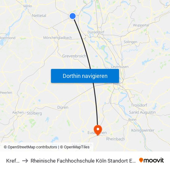 Krefeld Hbf to Rheinische Fachhochschule Köln Standort Euskirchen Studiengang Wirtschaftsinformatik map