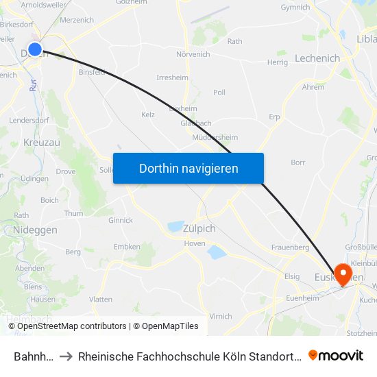 Bahnhof - Düren to Rheinische Fachhochschule Köln Standort Euskirchen Studiengang Wirtschaftsinformatik map