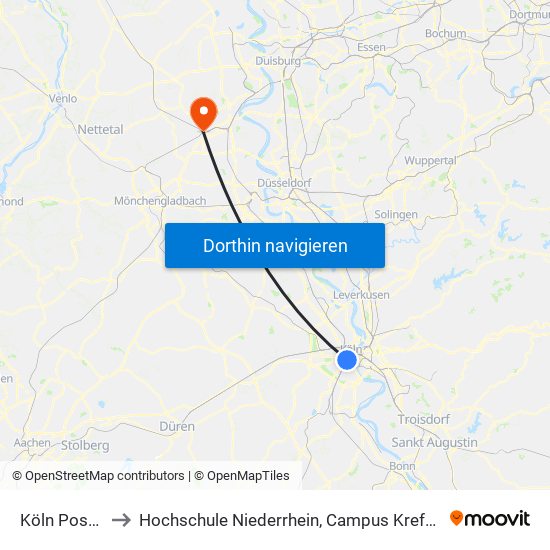 Köln Poststr. to Hochschule Niederrhein, Campus Krefeld-West map