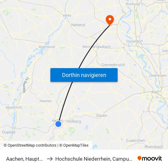 Aachen, Hauptbahnhof to Hochschule Niederrhein, Campus Krefeld-West map