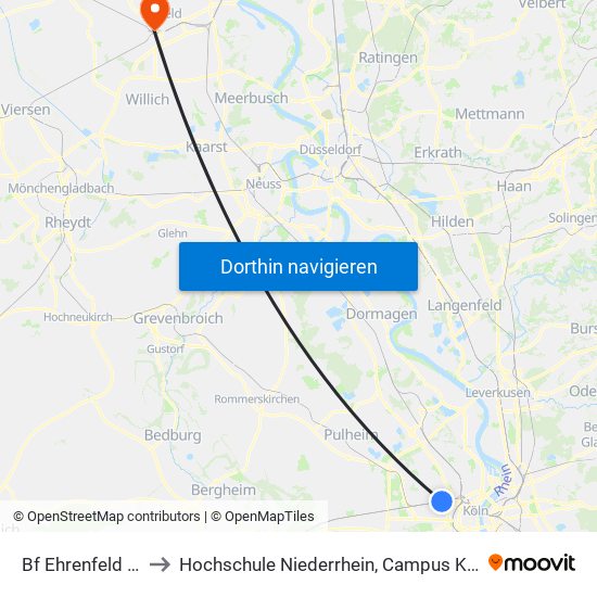 Bf Ehrenfeld - Köln to Hochschule Niederrhein, Campus Krefeld-West map