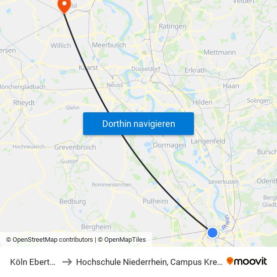 Köln Ebertplatz to Hochschule Niederrhein, Campus Krefeld-West map