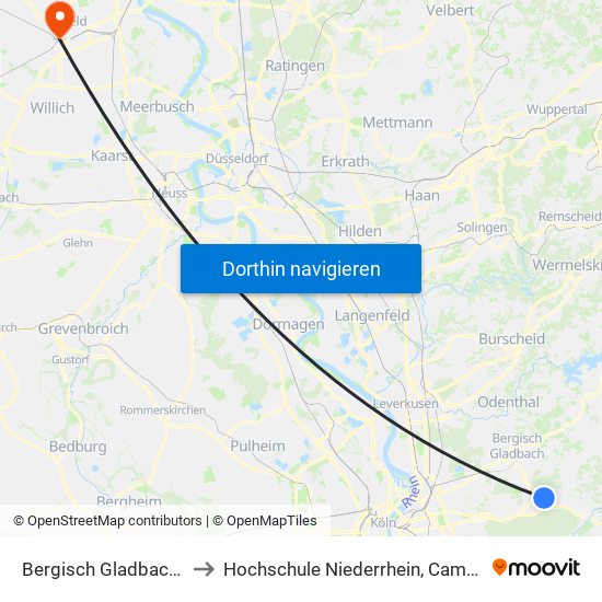 Bergisch Gladbach Bensberg to Hochschule Niederrhein, Campus Krefeld-West map