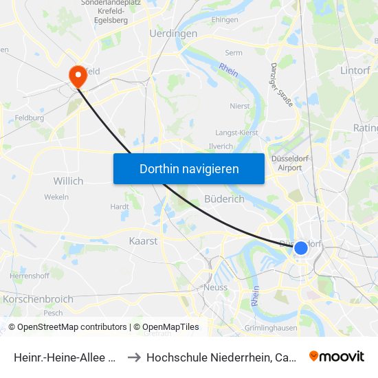 Heinr.-Heine-Allee U - Düsseldorf to Hochschule Niederrhein, Campus Krefeld-West map