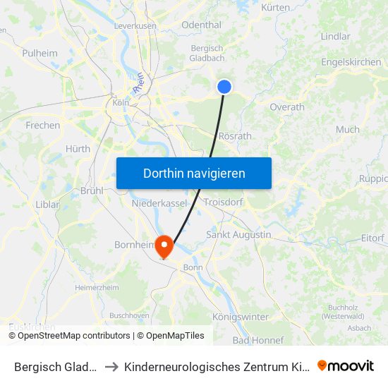 Bergisch Gladbach Bensberg to Kinderneurologisches Zentrum Kinz Im Gustav-Heinemann-Haus map