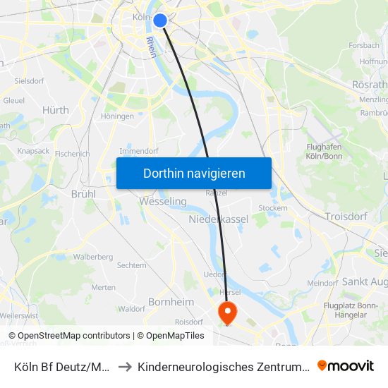 Köln Bf Deutz/Messe Lanxess Arena to Kinderneurologisches Zentrum Kinz Im Gustav-Heinemann-Haus map