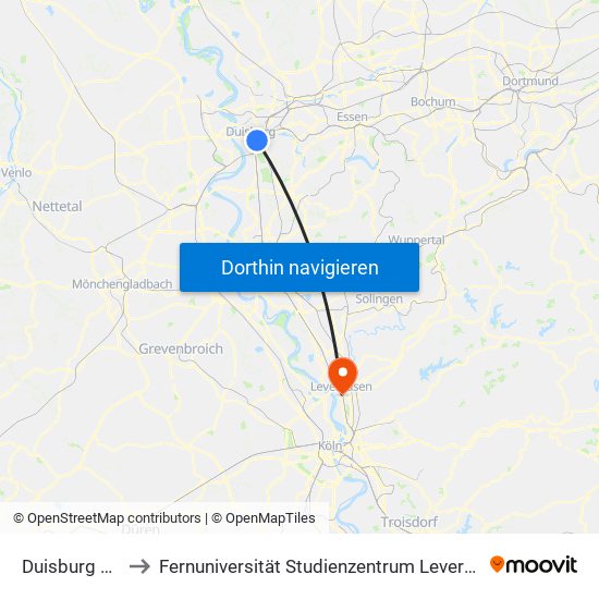 Duisburg Hbf to Fernuniversität Studienzentrum Leverkusen map