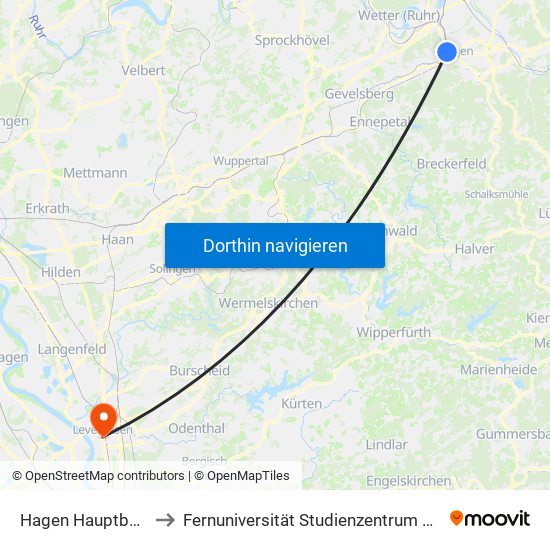 Hagen Hauptbahnhof to Fernuniversität Studienzentrum Leverkusen map