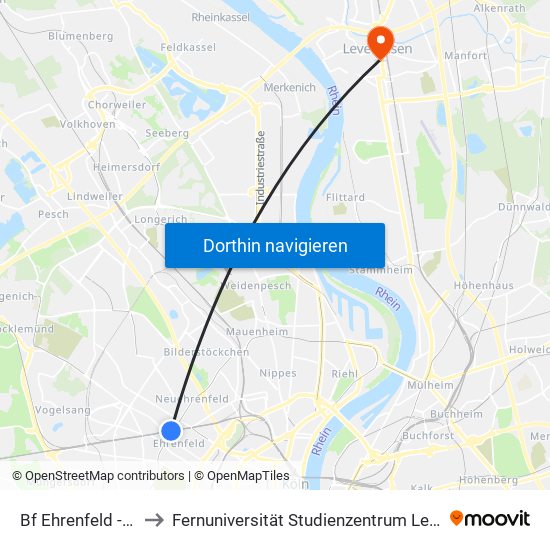 Bf Ehrenfeld - Köln to Fernuniversität Studienzentrum Leverkusen map