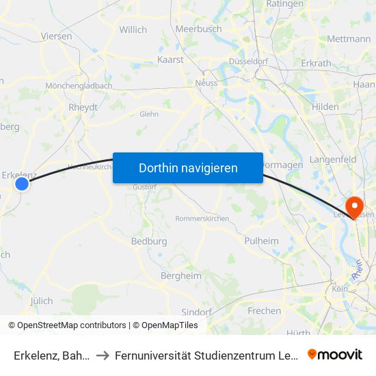 Erkelenz, Bahnhof to Fernuniversität Studienzentrum Leverkusen map