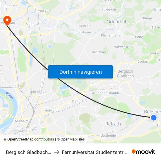 Bergisch Gladbach Bensberg to Fernuniversität Studienzentrum Leverkusen map