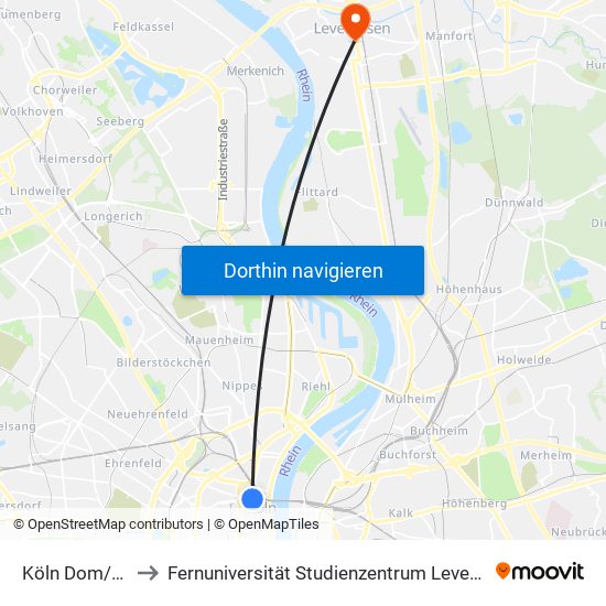 Köln Dom/Hbf to Fernuniversität Studienzentrum Leverkusen map