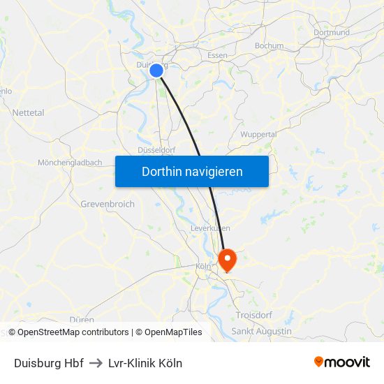 Duisburg Hbf to Lvr-Klinik Köln map