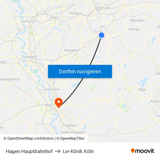 Hagen Hauptbahnhof to Lvr-Klinik Köln map