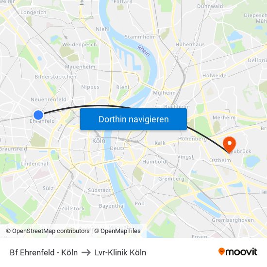 Bf Ehrenfeld - Köln to Lvr-Klinik Köln map