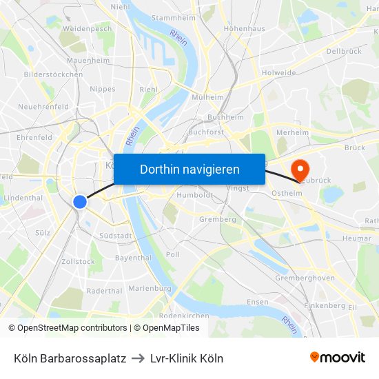 Köln Barbarossaplatz to Lvr-Klinik Köln map