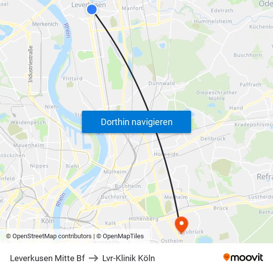 Leverkusen Mitte Bf to Lvr-Klinik Köln map