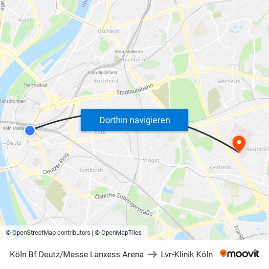Köln Bf Deutz/Messe Lanxess Arena to Lvr-Klinik Köln map